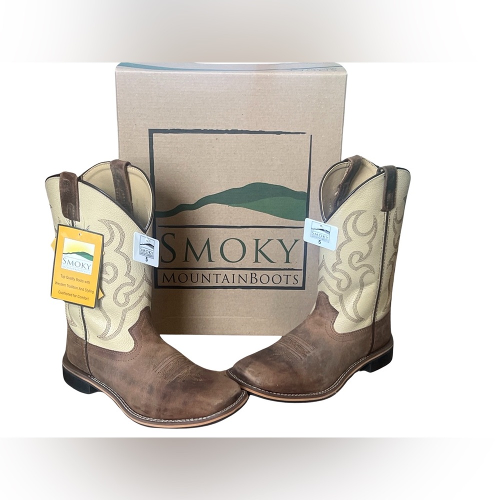 Brown/Cream Leather Smoky Mountain Boots - Youth Size 5, Brand New